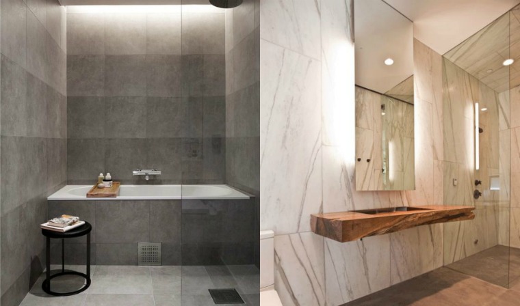 salle de bains éclairage idée baignoire table basse carrelage gris béton marbre salle de bains