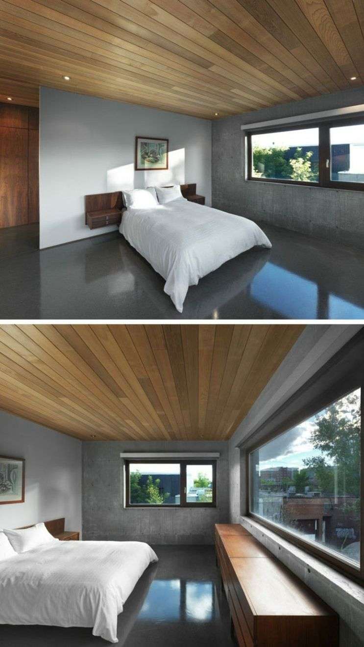 sol beton chambre a coucher revetement plafond bois