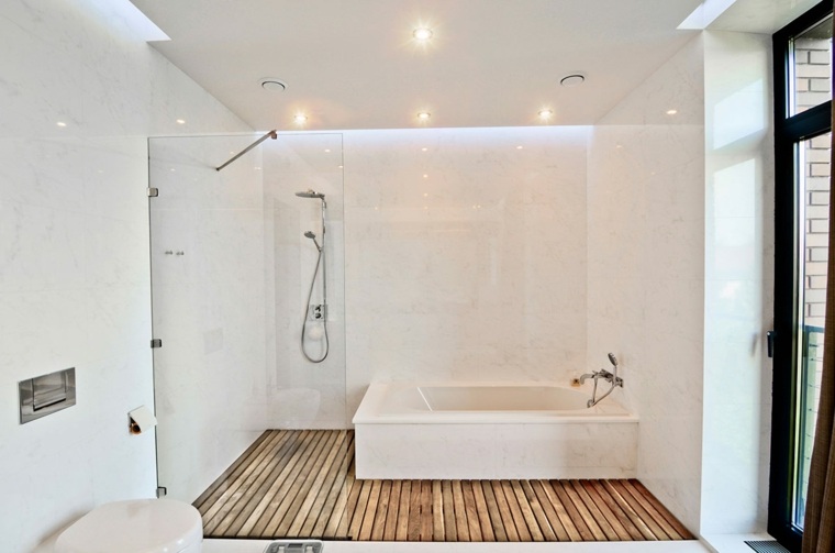 salle de bain blanche et bois design moderne