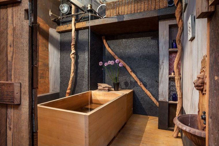 salle de bain déco campagne baignoire moderne bois