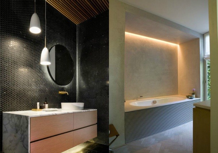idée salle de bains éclairage design miroir mur luminaires suspension