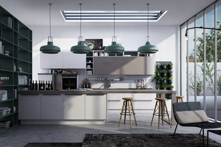 avec quelle couleur associer le gris cuisine grise design moderne luminaire suspendu tabourets bois