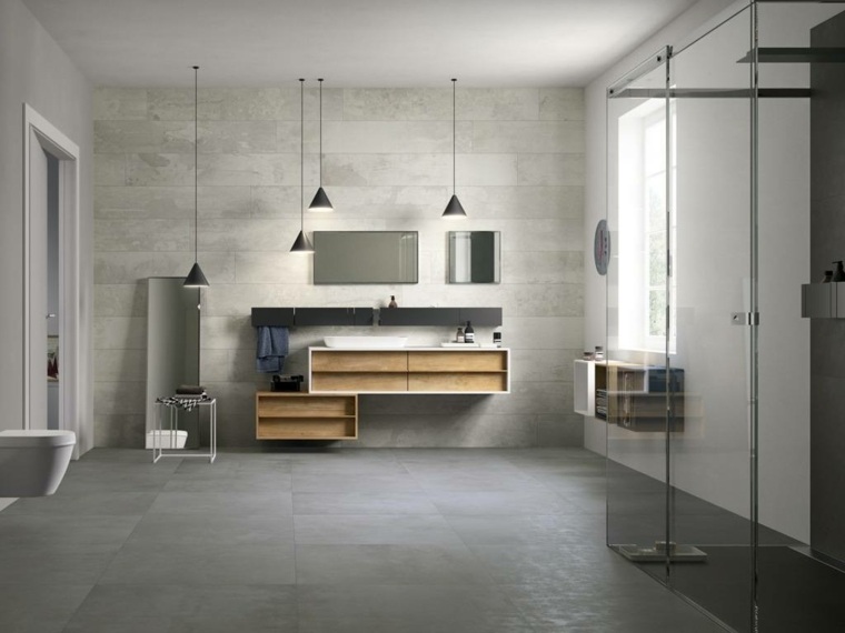 salle de bains béton ciré comptoir en bois luminaires suspension design