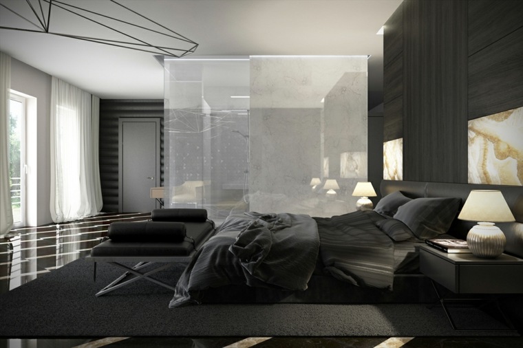 chambre à coucher design tapis de sol gris moderne coussins décorer espace cadres