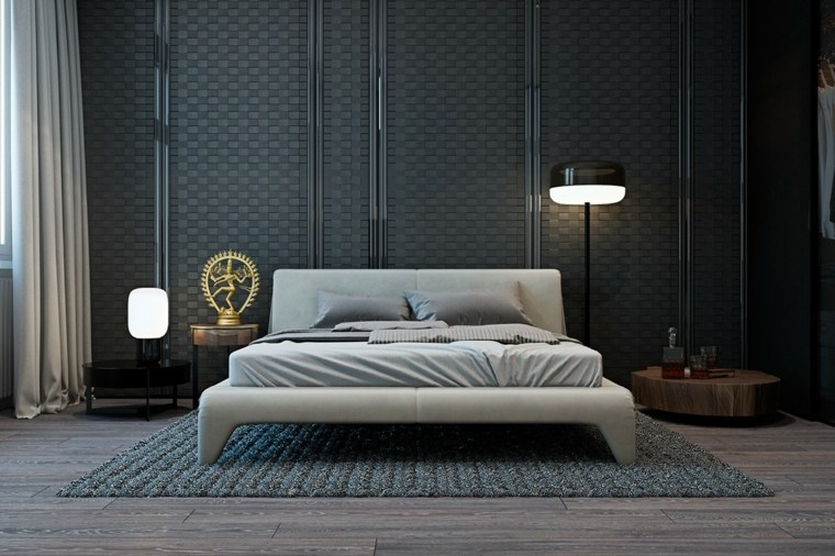 chambres à coucher moderne intérieur bleu gris foncé lit chambre idée tapis de sol