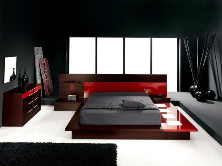 intérieur moderne chambre cadre bois décor rouge idée tapis de sol noir