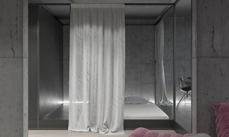design intérieur espace chambre à coucher lit idée coussins rideaux