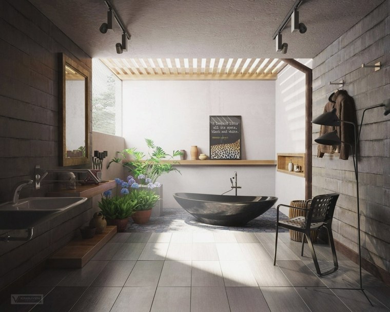 couleur taupe design intérieur moderne baignoire parquet bois mur