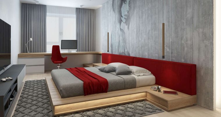 couleur chambre design mur parement gris tete de lit rouge