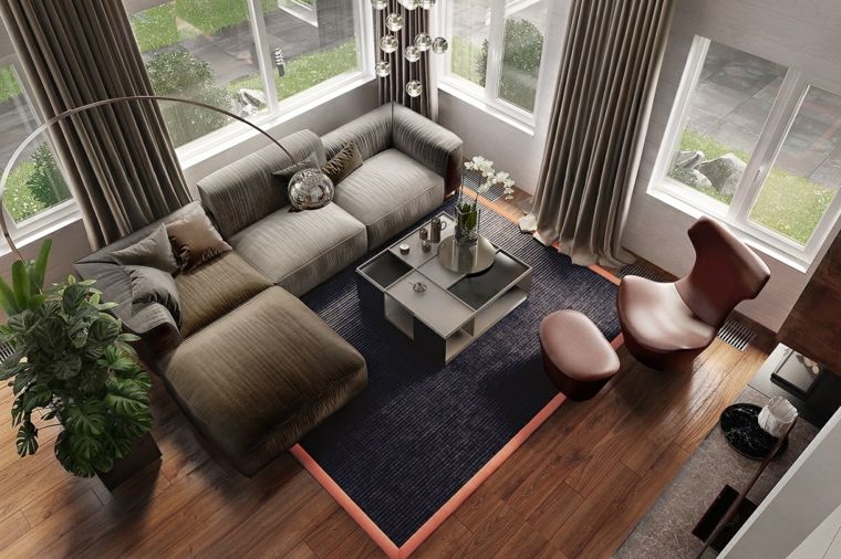 salon design moderne canapé gris tapis de sol fauteuil cuir plante déco