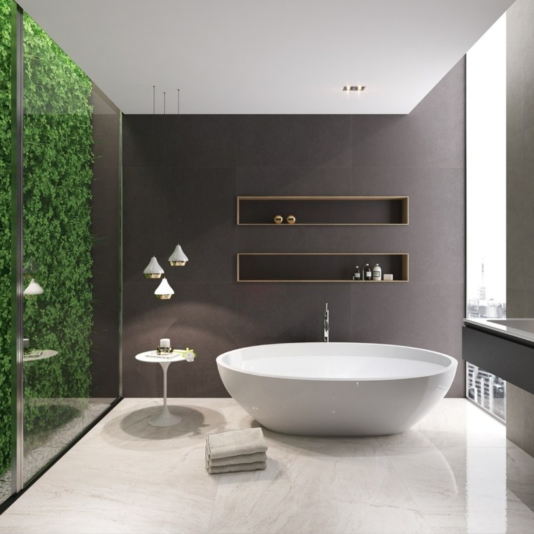 salle de bains moderne couleur taupe mur végétal déco espace baignoire