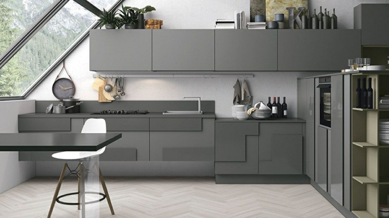intérieur design moderne association couleurs meuble cuisine grise table bois 
