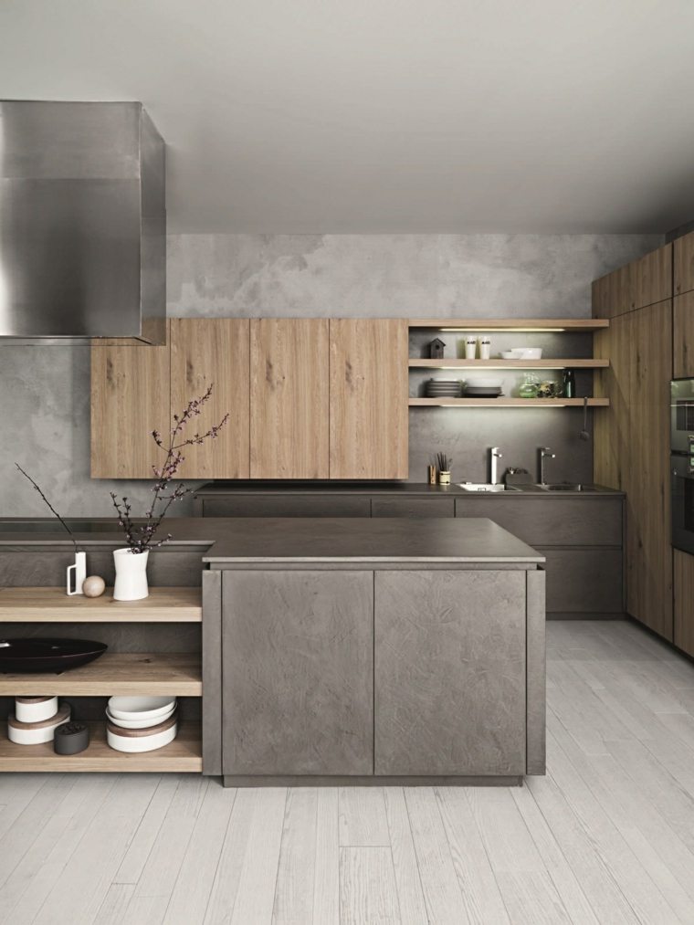 design intérieur moderne cuisine bois meuble armoires de cuisine grise