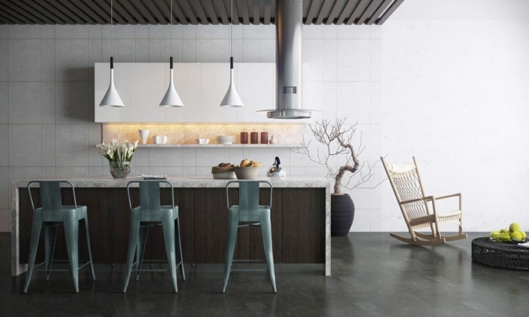 béton ciré cuisine revêtement sol luminaires suspension bar bois marbre