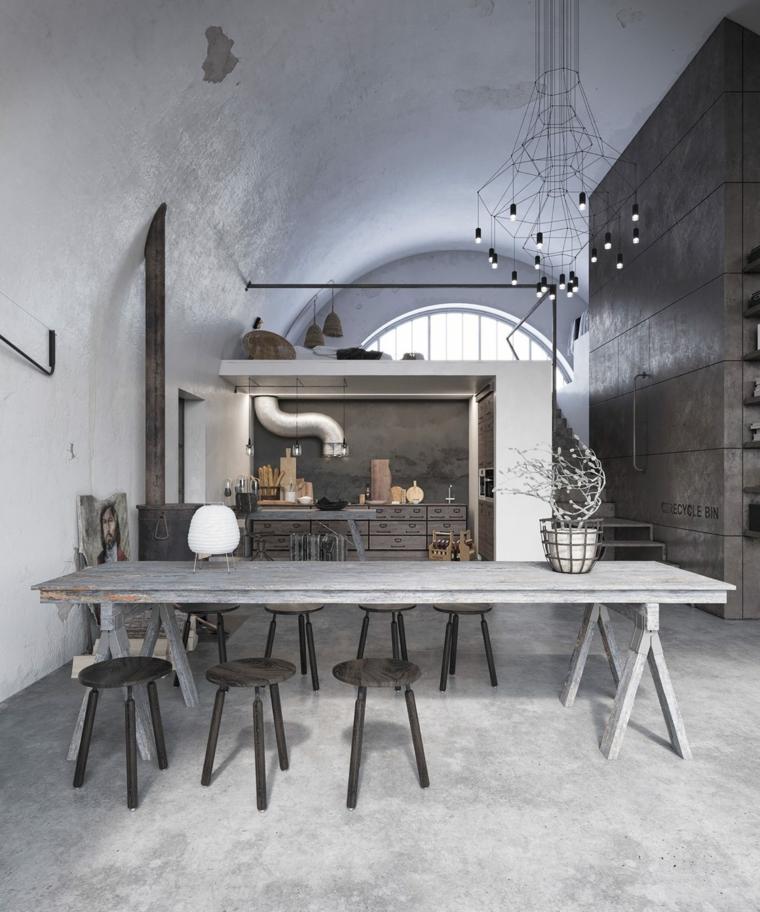 design intérieur luminaire table en bois tabourets industriel style design béton ciré