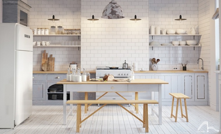 cuisine scandinave design blanc bancs bois