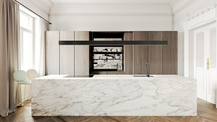 cuisine blanche et bois avec plan de travail en pierre marbre blanc