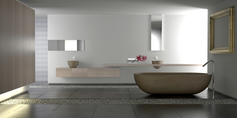 baignoire bois idée design moderne aménager espace miroir idée pierres