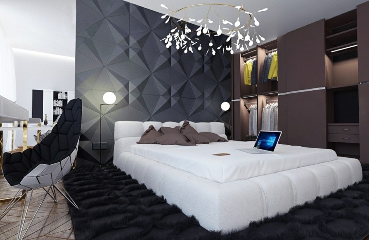 design intérieur moderne fauteuil tapis de sol noir lit blanc design