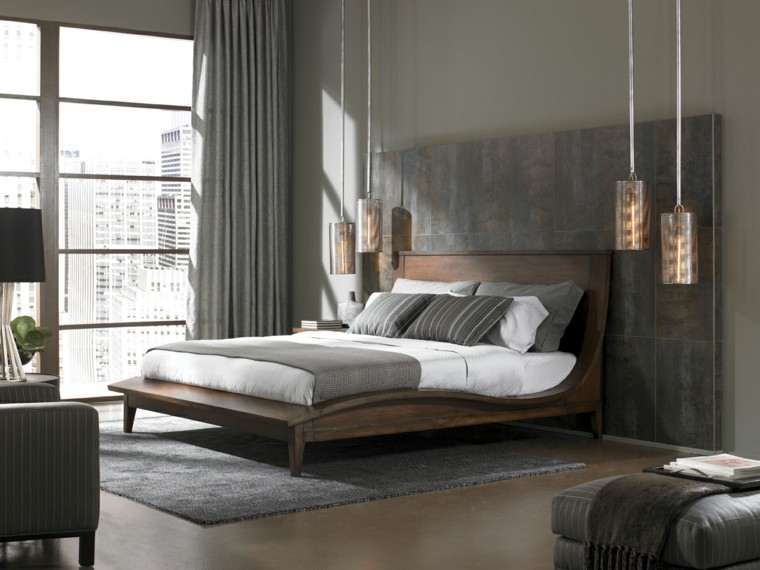 lit cadre bois design luminaire moderne idée tapis de sol rideaux