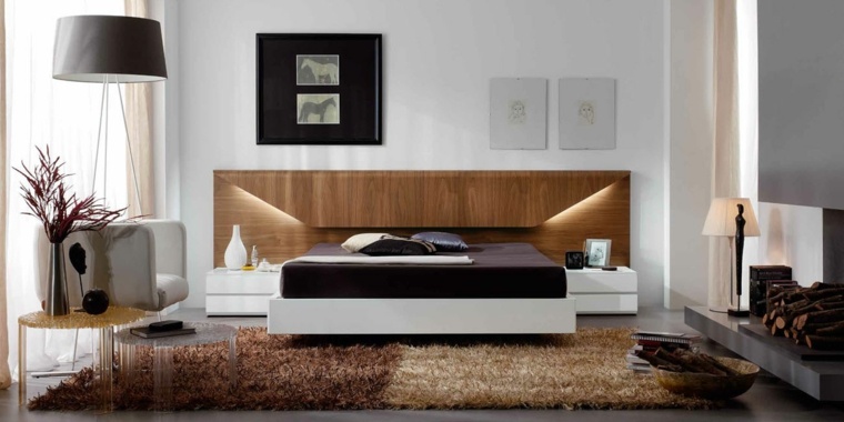 chambre à coucher design cadre tête de lit bois lampe à pied