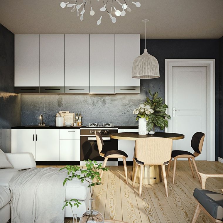 cuisine noir blanc design meuble bois salle à manger luminaire suspension