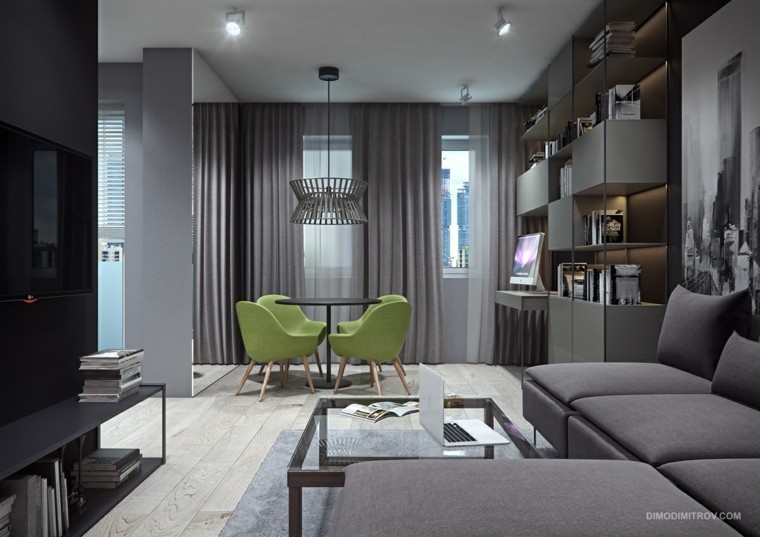 petit appartement style industriel idée canapé d'angle gris fauteuil vert table ronde
