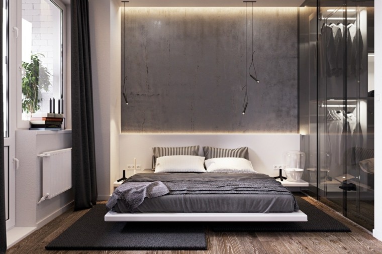 design intérieur moderne chambre à coucher lit plante déco parquet bois mur luminaire