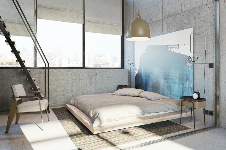 chambre à coucher style industriel design luminaire suspension lit décorer mur tapis sol idées