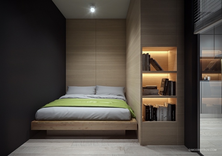 design intérieur chambre à coucher bibliothèque bois écclairage idée