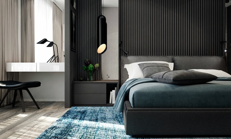 chambre à coucher moderne lit cadre gris tapis de sol bleu idée meuble bois tiroirs