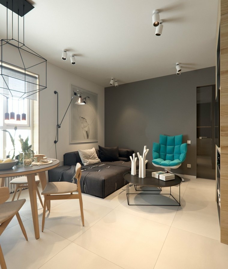 appartement idée aménager espace fauteuil canapé gris luminaire table ronde