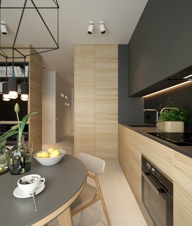cuisine design idée petit appartement moderne mobilier bois luminaire suspension