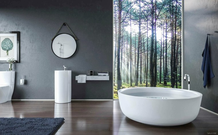 design salle de bains photo idée tapis de sol moderne miroir suspension déco tableau mur
