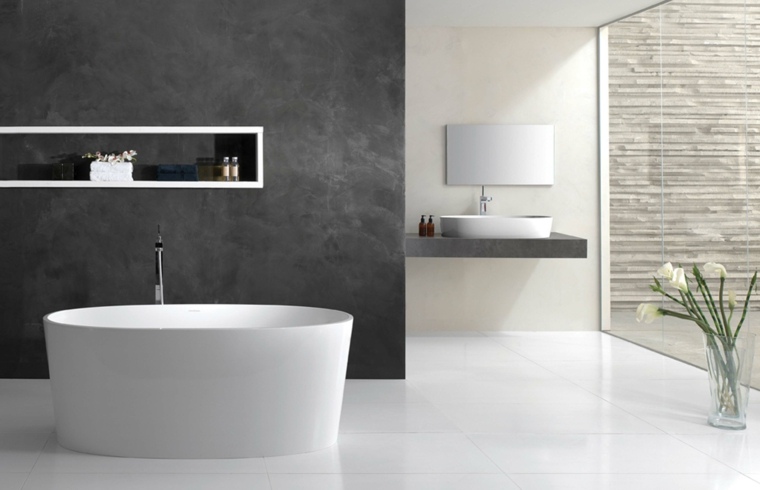 design moderne salle de bains baignoire béton ciré mur idée aménager vasque béton déco bouquet fleurs