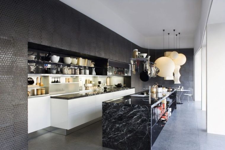 plan de travail noir marbre ilot cuisine contemporaine