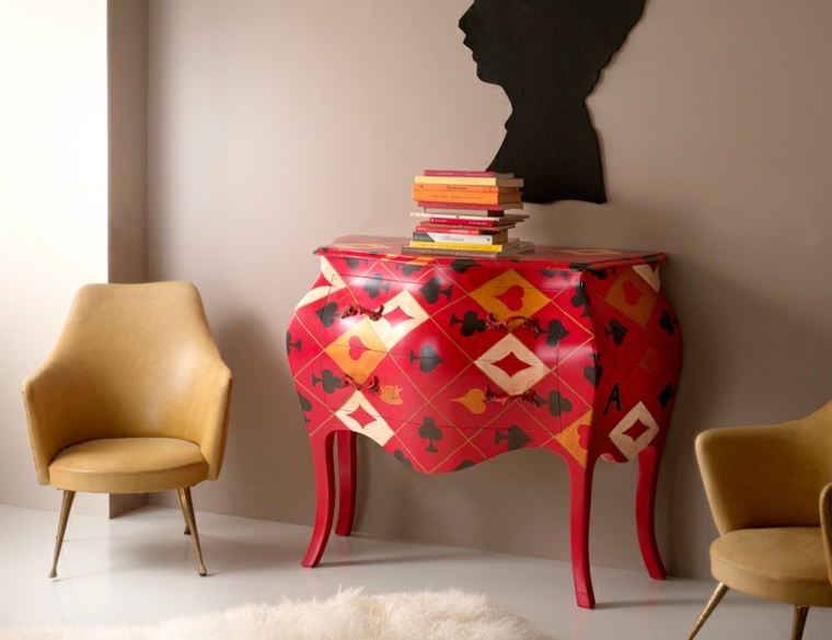 idée relooker un meuble en bois commode tiroirs chaise fauteuil dessins déco mur