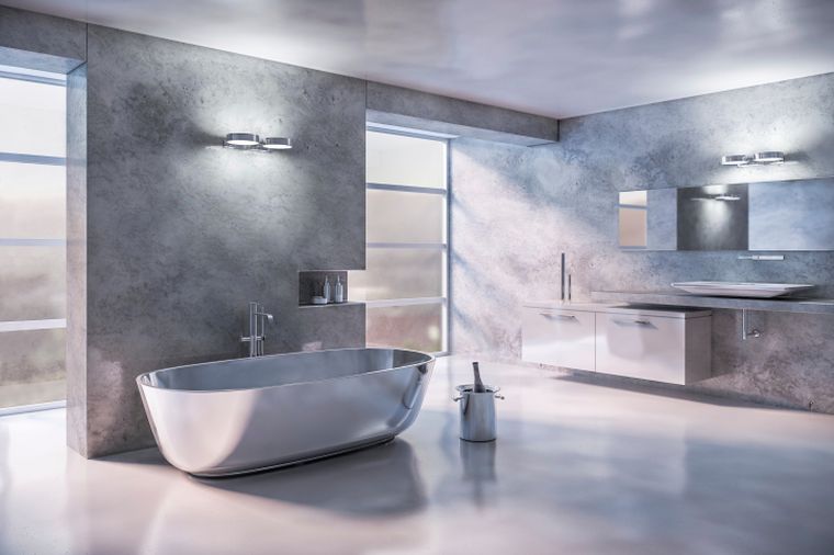 salle de bain gris et blanc modele baignoire decoration metal