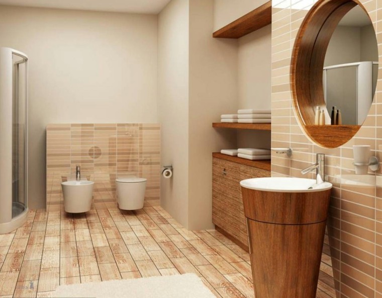 salle de bains moderne idée carrelage cabine de douche miroir vasque bois