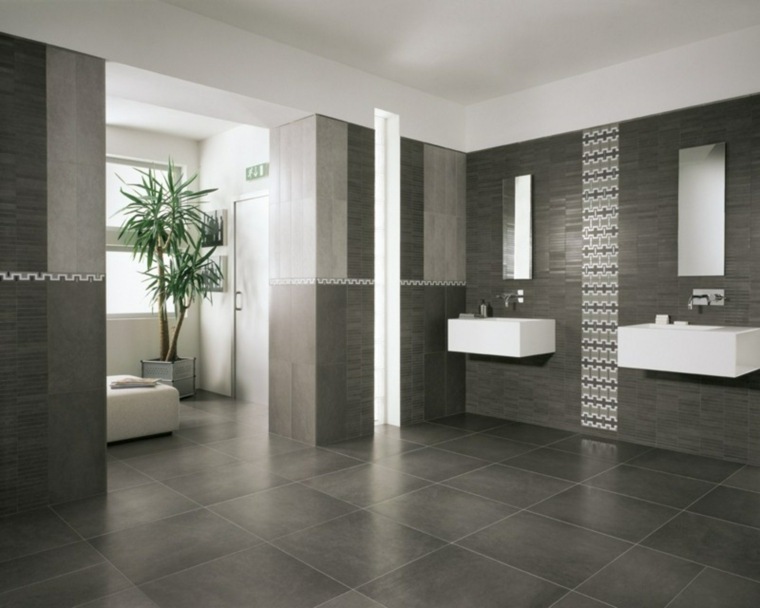 design moderne idée intérieur salle de bains grise carrelage vasque plante en pot
