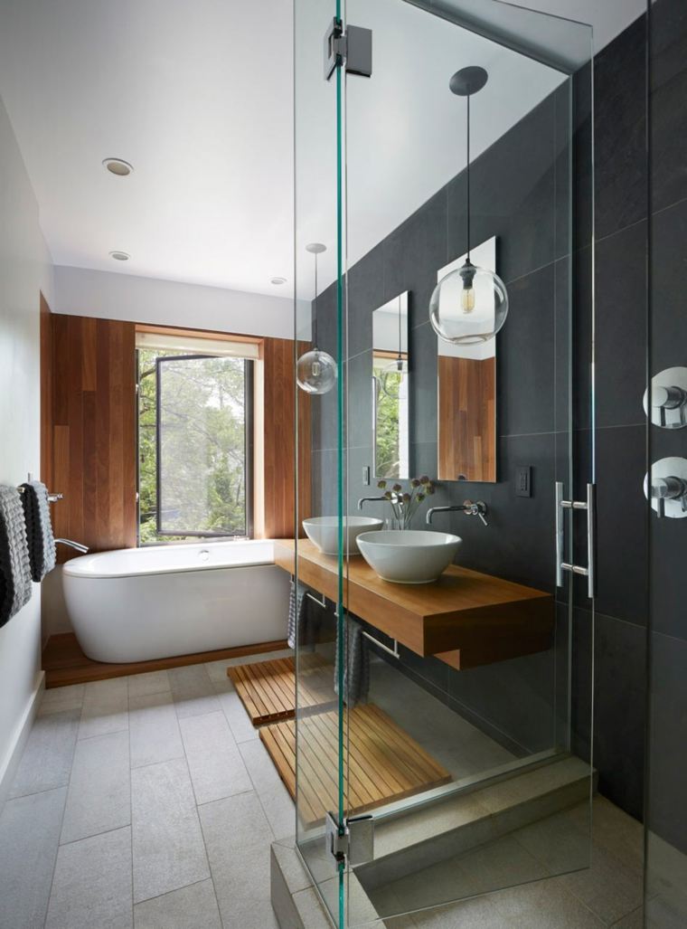 salle de bains design moderne bois idée baignoire déco espace cabine de douche