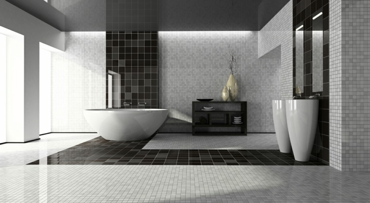design intérieur moderne idée baignoire carrelage gris noir idée vasque