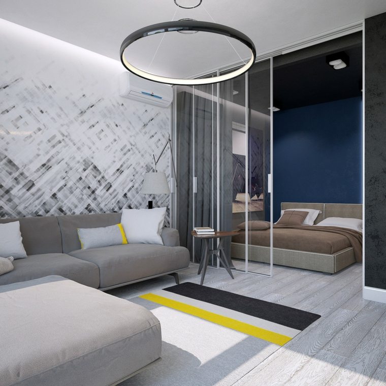 salon lustre design canapé gris coussins tapis de sol chambre à coucher mur bleu