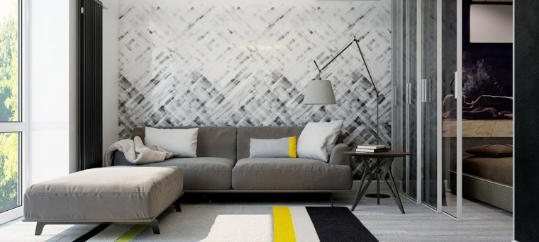 design intérieur moderne canapé gris coussins tapis de sol table basse bois