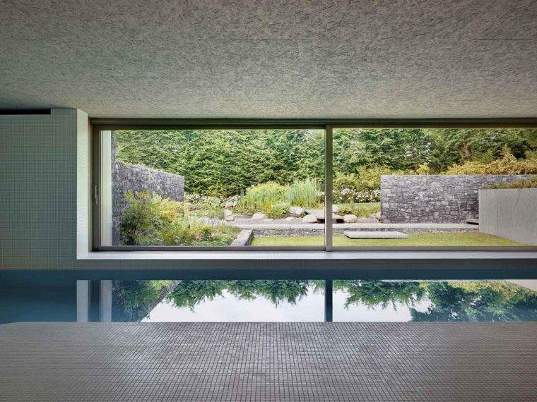 idee piscine longue interieur moderne baie vitree contemporaine