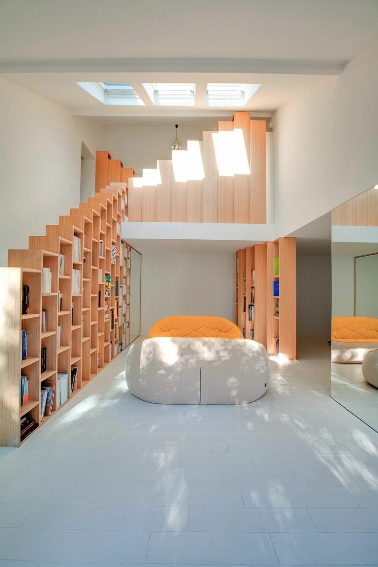 bibliothèque bois meuble escalier etagere rangement moderne design