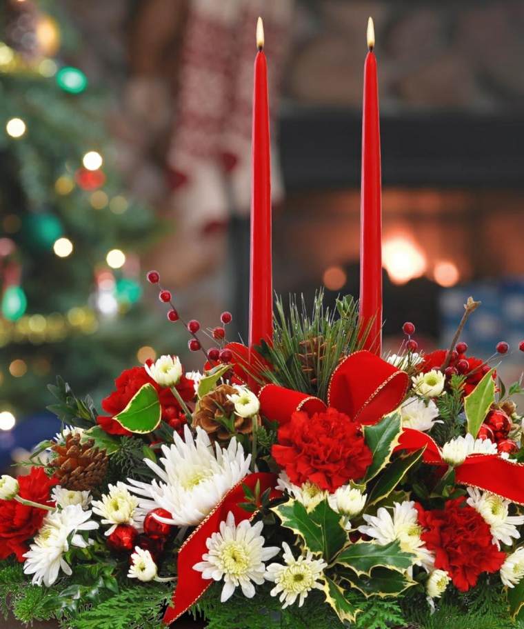 centre de table decoration fete noel rouge et vert branches sapin