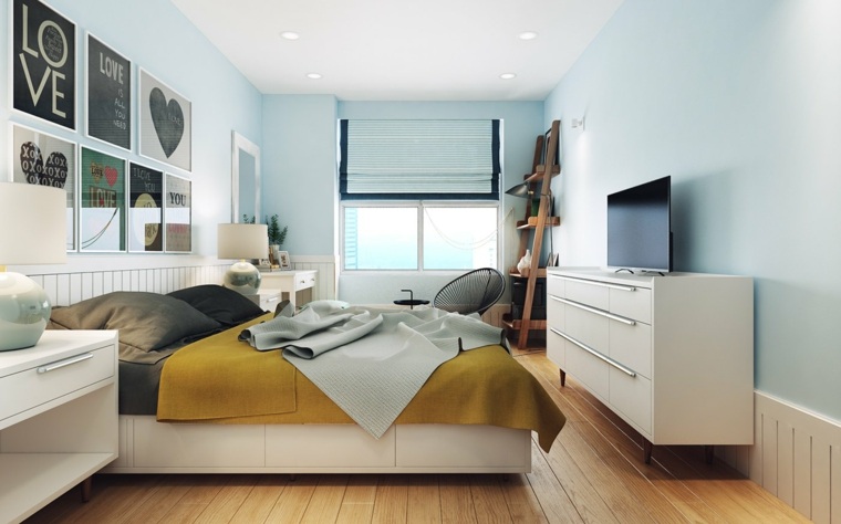 intérieur chambre à coucher design déco mur cadres tête de lit meuble bois parquet bois