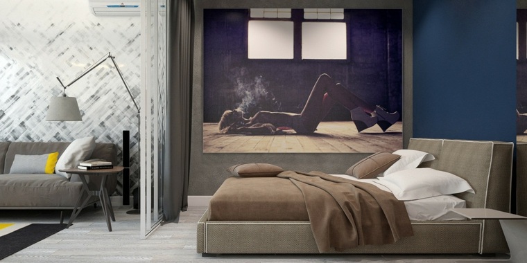 design chambre à coucher déco mur lit tête de lit canapé gris coussins bleu idée