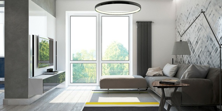 design d'intérieur tapis de sol canapé d'angle luminaire suspension lustre parquet gris